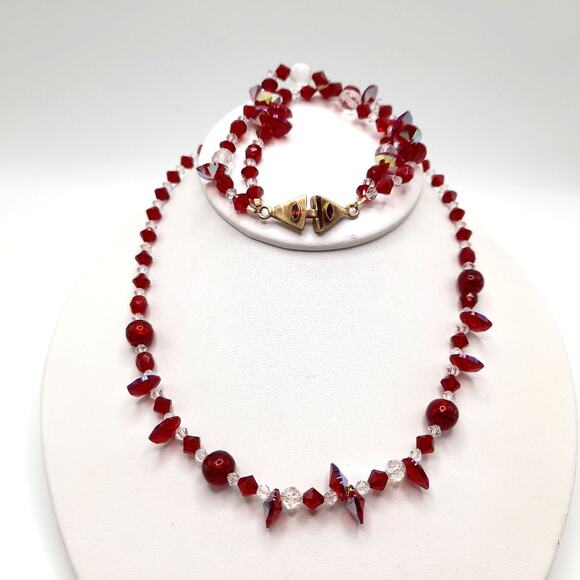 Vintage Red Clear Crystal Necklace Bracelet Set, Artisan Gemstone Clasps - Picture 9 of 9